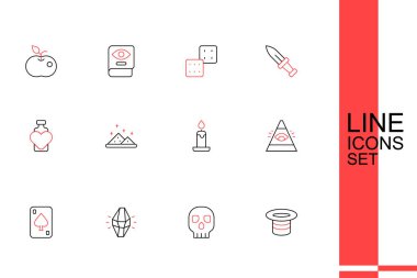 Sihirli şapka, Kurukafa, taş, iskambil kartları, Tanrı 'nın her şeyi gören gözü, yanan mum, barut ve aşk ikonu şişesi. Vektör