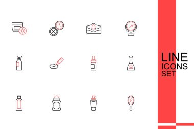 El aynası, el kremi tüpü, deodorant rulosu, şişe şampuanı, tırnak cilası, temel yağ şişesi, dudak büyütme ve ikon. Vektör