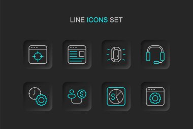 Satır Tarayıcı ayarları, pazar analizleri, insan ve para, zaman yönetimi, kulaklıklar, Diamond, Reklamcılık ve Hedef Finansal Hedef Simgesi. Vektör