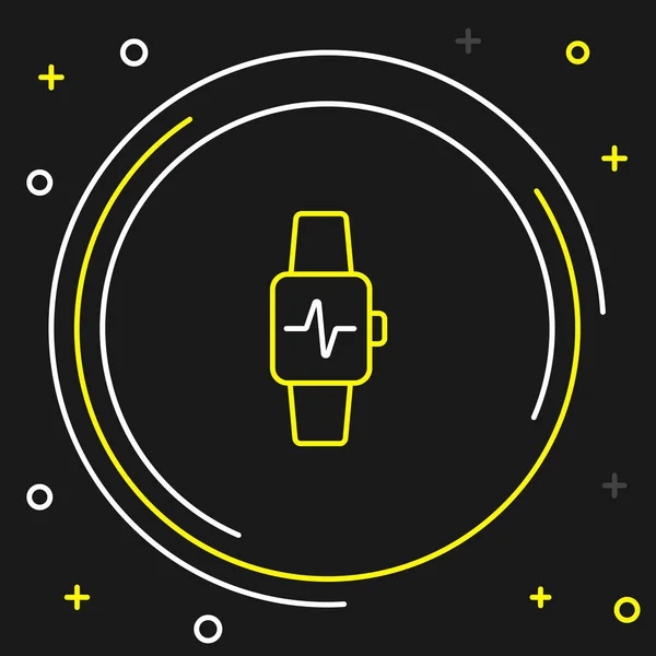Line Smart Horloge Met Hartslag Pictogram Geïsoleerd Zwarte Achtergrond Fitness — Stockvector