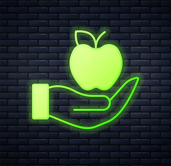 Leuchtende Neonfarbene Apple Ikone Isoliert Auf Ziegelwand Hintergrund Übergewicht Gesunde — Stockvektor