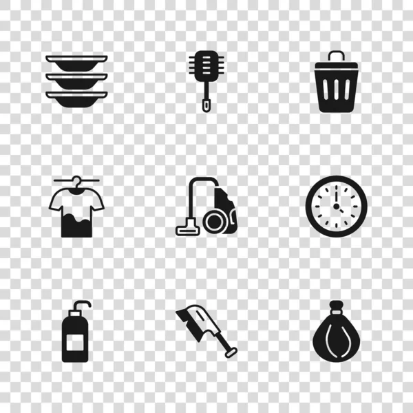 Set Pinsel Für Die Reinigung Uhr Müllsack Staubsauger Mülleimer Geschirr — Stockvektor