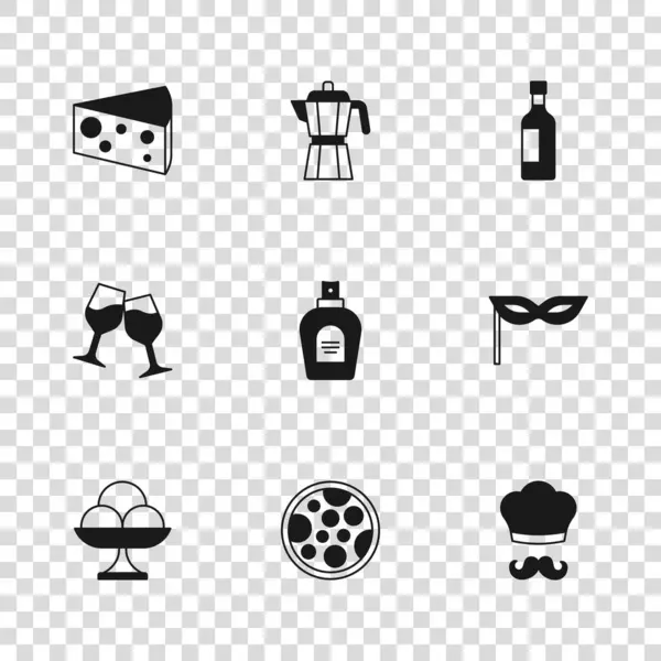 采购产品设置比萨 狂欢节面具 意大利厨师 咖啡壶和酒杯图标 — 图库矢量图片