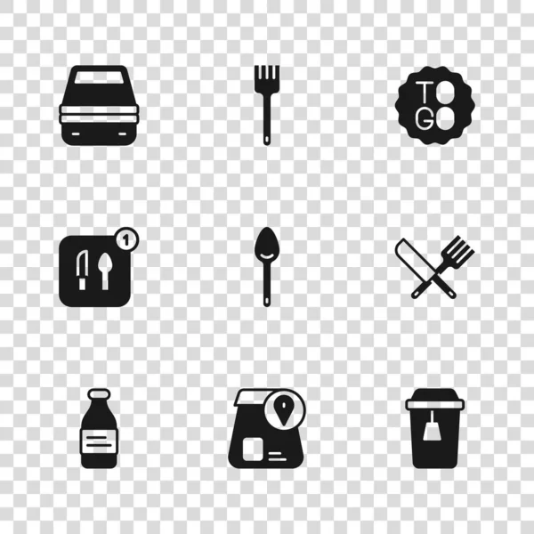 集网上订购食物 交叉刀叉 咖啡杯去 午餐盒 叉子和食物图标 — 图库矢量图片