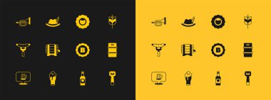 Buğday, bir bardak bira, şişe kapağı, bira şişesi, rafta tahta fıçı, açacağı, trompet ve Ekim Festivali şapka ikonu. Vektör