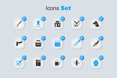 İsviçre çakısı, mühimmat kutusu, kartuşlar, ortaçağ yayı ve oku, kantin su şişesi, avcı, av silahı ve kurşun geçirmez yelek ikonu. Vektör