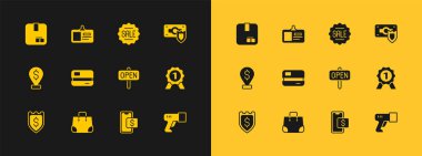 Rozetli Para Ayarla, Kağıt Alışveriş Torbası, Asma Tabelası Açık, Mobil, Kredi Kartı, Fiyat Etiketi Satışı, Karton Karton Kutu ve Kimlik Rozeti Simgesi. Vektör