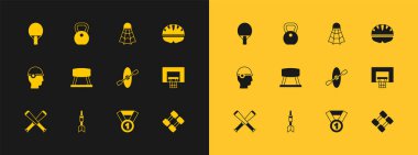 Bisiklet kaskı, Dart oku, kano ve kürek, madalya, Pommel atı, Badminton mekik horozu, raket ve ağırlık simgesi. Vektör