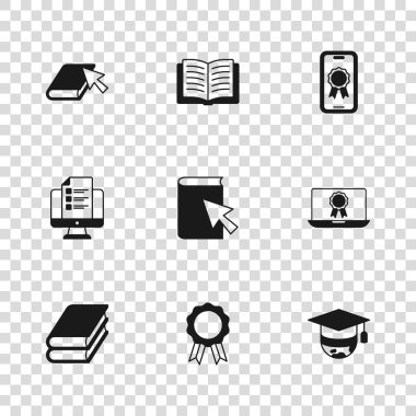 Online eğitimi diploma, mezuniyet şapkası küresi, kitap, açık sınav, sınav, araştırma ikonu ile ayarla. Vektör