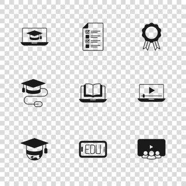 Çevrimiçi eğitimi ayarla, video oynat, sınıf, diploma, mezuniyet şapkası dizüstü bilgisayarı, sınav, test, araştırma ve fare simgesi ile. Vektör