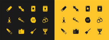 Sihirli halı, cüzdan, mühür, cadı süpürgesi, sopa, iskambil kağıdı, el testeresi ve papyon ikonu. Vektör