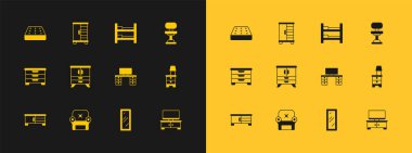 Ofis koltuğu, Armchair, masa, büyük boy ayna, çekmeceler, ranza, yatak ve gardırop ikonu. Vektör