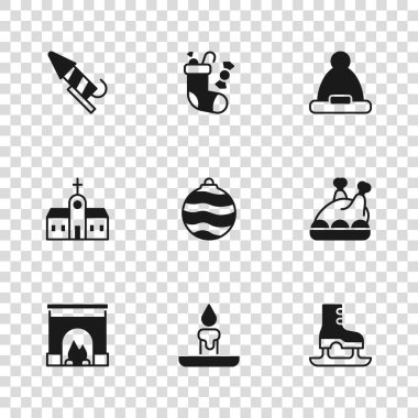 Yanan mum, kızarmış hindi ya da tavuk, patenler, Noel topu, Noel Baba şapkası, Havai fişek roketi, çorap ve kilise ikonu. Vektör