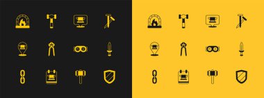 Metalik çiviler, demirci örs aletleri, kaynak gözlükleri, balyoz, kerpeten, fırın ve çekiç simgesi. Vektör