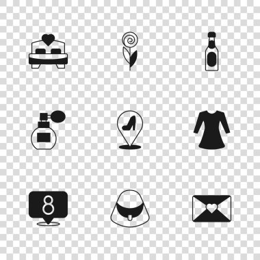 El çantası, kadın elbisesi, zarfı 8 Mart, ayakkabı, şampanya şişesi, yatak odası, çiçek ve parfüm ikonu. Vektör