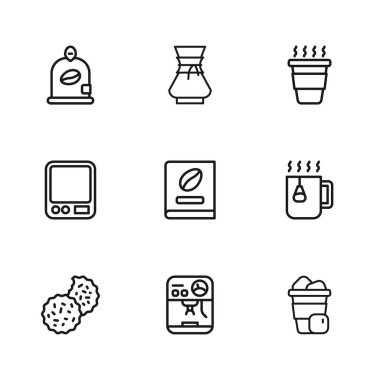 Sıraya dizilmiş kahve makinesi, poşetli çay, buzlu kahve, kitap, paket fasulye, kahve makinesi ve elektronik terazi ikonu. Vektör