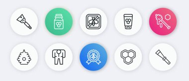 En iyi hat, Bal Kovanı, Arı Kovanı, Bal Tarağı, Ballı Kozmetik Tüpü, Dur, Arıcılık bıçağı ve Arıcı kostüm ikonu. Vektör