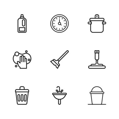 Hat temizleyicisi, cam temizleyicisi, kova, paspas, tencere, şişe deterjanı, saat ve sünger ikonu. Vektör