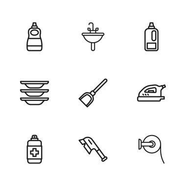 Temizlik için halat fırçası, elektrikli ütü, tuvalet kağıdı rulosu, Dustpan, şişe deterjanı, bulaşık deterjanı, bulaşık leğeni ve bulaşık yıkama ikonu. Vektör