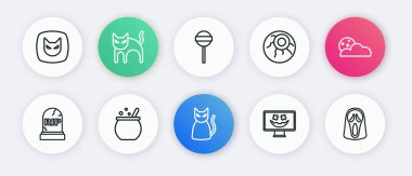 Kara Kedi, Ay ve yıldızlar, RIP yazılı Tombstone, Mutlu Cadılar Bayramı, Göz, Lolipop, Komik Korkunç Hayalet maskesi ve cadı kazanı ikonu. Vektör