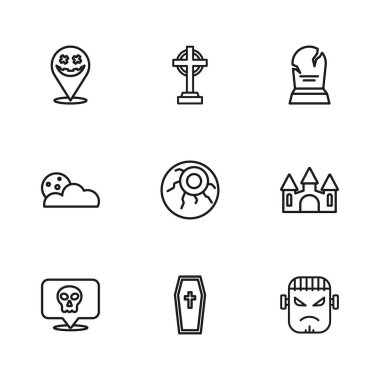 Hristiyan haçı, Castle, Frankenstein yüzü, Eye, Tombstone RIP yazısıyla Coffin, Mutlu Cadılar Bayramı tatili ve Ay ve yıldız ikonu. Vektör