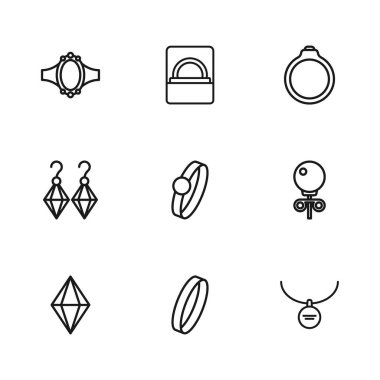 Sabit çizgi alyans, küpe, kolye, elmas nişan, kutu ve küpe ikonu. Vektör