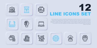 Hat Ağ Bulut Bağlantısı, Yapay Zeka Robotu, Akıllı Gözlükler, Şifreli Para Bitcoin, Mekanik El, Radyoaktif Atık Varili ve Sinirsel Ağ Simgesi. Vektör