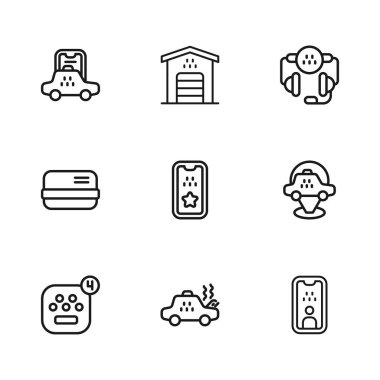 Bozuk taksi, konum, taksi ehliyeti, mobil uygulama, telefon hizmeti, garaj ve kredi kartı simgesi. Vektör