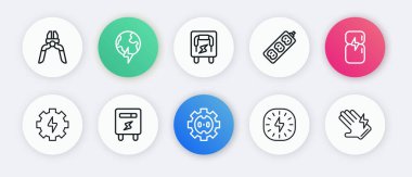 Elektrik prizi, buzdolabı, vites ve şimşek, yıldırım, uzatma, panel, eldiven ve sayaç simgesini ayarla. Vektör