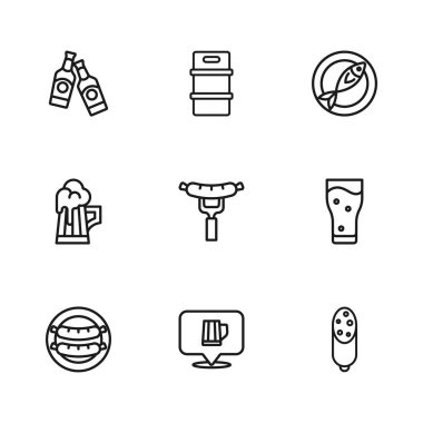 Sıraya dizilmiş tahta bira kupası, bir bardak salam sosis, çatalda sosis, kurutulmuş balık, bira şişesi, metal fıçı ve ikon. Vektör