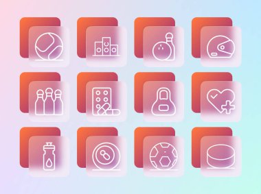 Set çizgisi yarış kaskı, bilardo topu, ağırlık, futbol, halterli spor doping, bovling, beysbol ve ödül kazanan podyum ikonu. Vektör