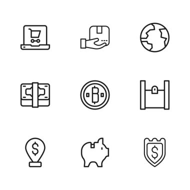 Piggy Bank, Paper alışveriş torbası, Shield with dollar, Cryptocurrency coin Bitcoin, Worldwide, alışveriş arabası ekranda dizüstü bilgisayar, teslimat kutusu ve kağıt para ikonu. Vektör