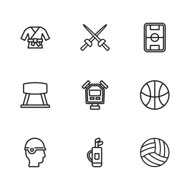 Golf çantasına golf sopaları, basketbol topu, voleybol, sttopwatch, futbol sahası, kimono, eskrim ve Pommel at ikonu koyun. Vektör