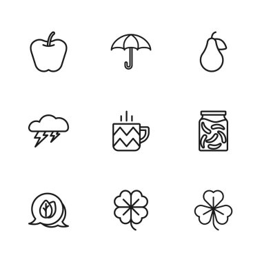 Dört yapraklı yonca, kavanozda salatalık turşusu, Clover, bir fincan çay, Armut, Elma, Şemsiye ve Bulut ve şimşek ikonu. Vektör