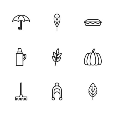 Kış şapkası, Balkabağı, Yaprak, Ev Yapımı Turta, Şemsiye ve Termos konteynır ikonu. Vektör