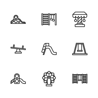 Dönme dolap, çocuklar için salıncak, İsveç duvarı, kayak parkı, atlıkarınca ve tahterevalli ikonu. Vektör