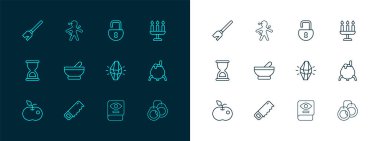 Sabit çizgi Candlestick, El testeresi, Sihirli Taş, Eskiler 'in sihirli kitabı, Cadı Kazanı, Açık Asma Kilit, Cadıların Süpürgesi ve Voodoo Bebek ikonu. Vektör