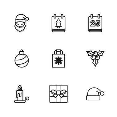 Hediye kutusu, dal viburum, Noel Baba şapkası, alışveriş çantası, takvim, sakal ve top ikonu. Vektör