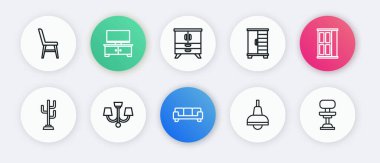 Koltuk, gardırop, vestiyer, lamba asma, göğüs çekmeceleri, ofis sandalyesi ve avize ikonu. Vektör
