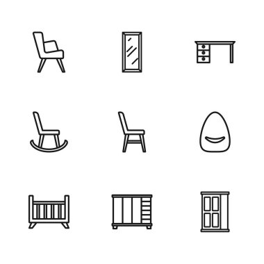 Gardırop, Pouf, sandalye, ofis masası, Kol sandalyesi, büyük boy ayna ve ikon. Vektör