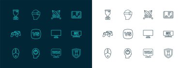 Satır Portable video oyun konsolu, Güç düğmesi, Bilgisayar monitörü, Madalya, VS Versus savaşı, Kılıç for, Ödül kupası ve Sanal gerçeklik gözlüğü ikonu. Vektör