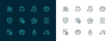 Hat hayat sigortası, ev işi, yanan ev, kalkan, el çantası, kalkan ve araba ikonu. Vektör