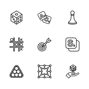 Satır tahtası oyunu, Bingo, Oyun zarları, Klasik dart tahtası ve ok, Satranç piyonu ve Tic tac toe ikonu. Vektör