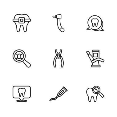 Diş macunu tüpü, tıbbi sandalye, kırık pense, diş ipi, diş teli, sondaj ve arama ikonu. Vektör