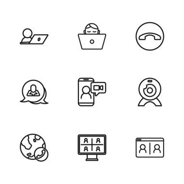 Görüntülü sohbet konferansı, web kamerası, telefon ahizesi, Freelancer ve Speech baloncuk ikonu ayarla. Vektör