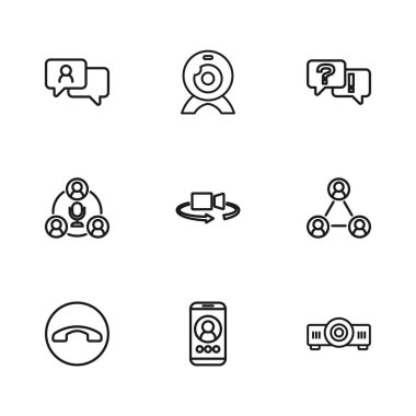 Hat çevrimiçi sohbet konferansı, Toplantı, Film, Film, Medya Projektörü, 360 derecelik görünüm, Soru ve Cevap, Konuşma balonu, Web kamerası ve simge ayarla. Vektör