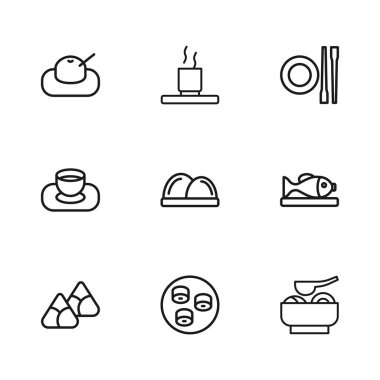 Sıralı suşi, tabakta balık, Ramen çorbası, yemek çubukları, Mochi, çay ve ikon Soya sosu. Vektör