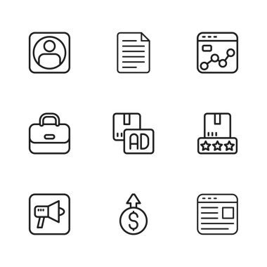 Satır Finansal Büyüme Doları, Tüketici Ürün Derecelendirmesi, Reklamcılık, Pazar Analizi, Hesap Ekranı, Dosya Belgesi ve Evrak Çantası Simgesi Oluştur. Vektör