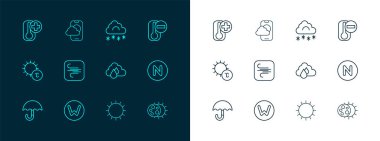 Hat termometresi, pusula kuzey yağmur bulutu, güneş, rüzgar, kar ve hava durumu ikonu. Vektör