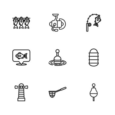 Olta ipi, yüzen ağ, su, olta ve balık, kurutulmuş, balıkçılık ve konum ikonu için dönen makara. Vektör